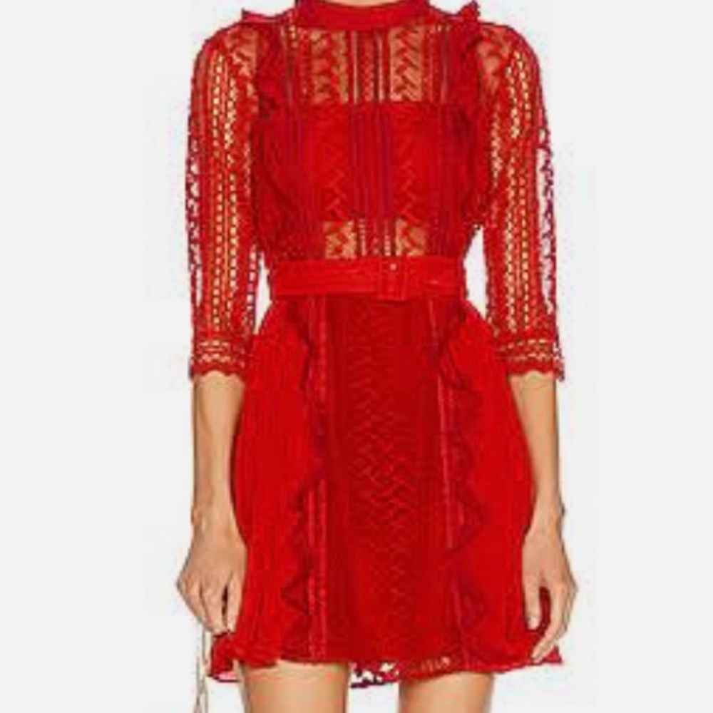 Self Portrait Red Geometric Lace Dress Size 8